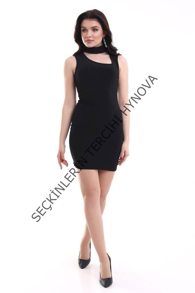 Kadın Asimetrik Yaka Sandy Kumaş Fırsat Ürün Diz Üstü Elbise