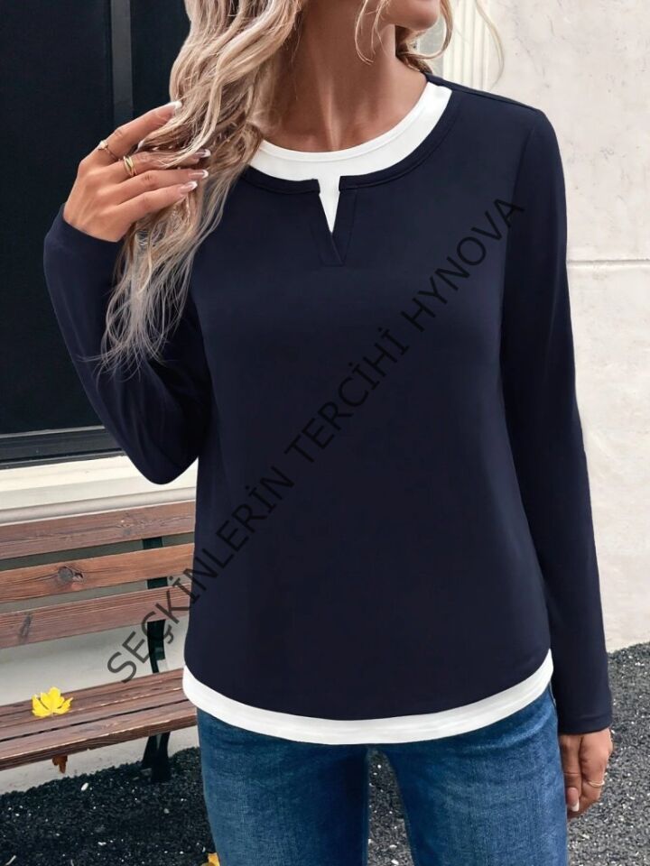 Kadın Uzun Kollu V Yakalı çift Renkli Viskon Iki Iplik Bluz