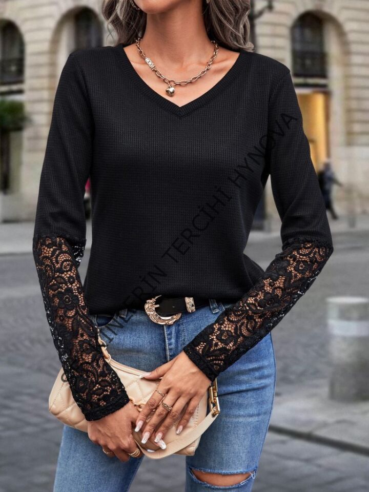 Kadın Uzun Kollu V Yakalı Dantelli Waffle Bluz