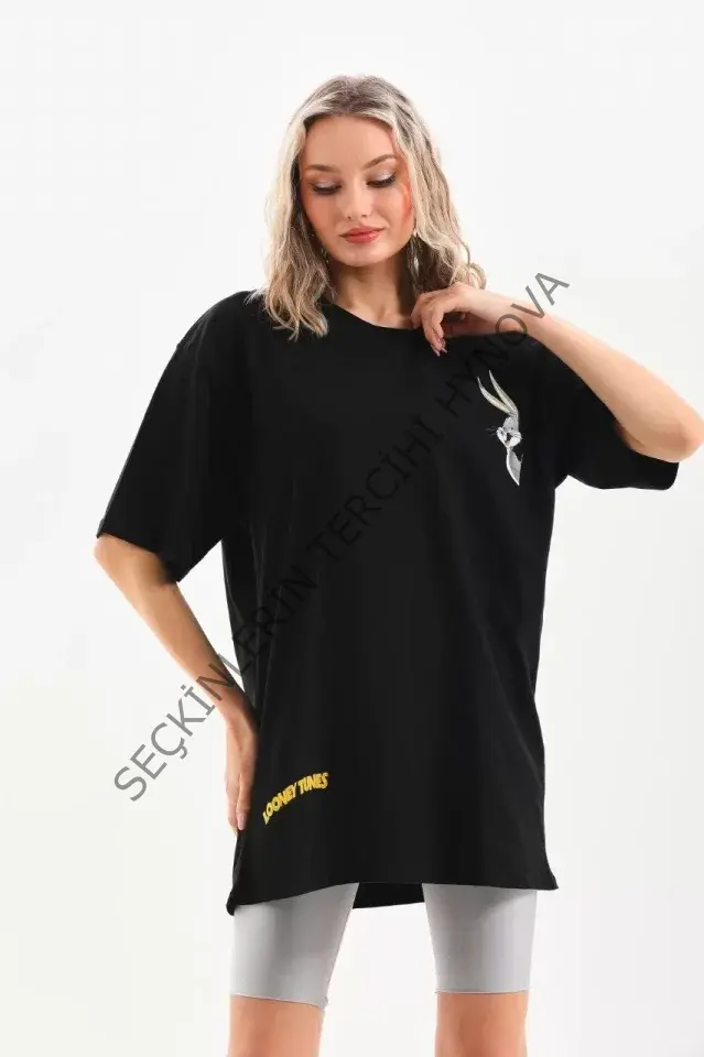 Unisex Baskılı Oversize T-Shirt - Siyah