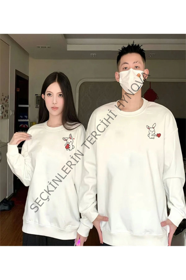 Tavşan Baskılı Sevgili Çift Kombini Kapüşonlu Sweatshirt - Hodie - Beyaz