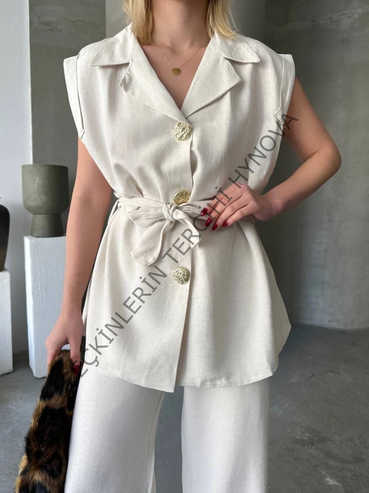 Keten Sıfır Kol Kuşaklı Ceket Pantolon Ikili Takım - Beyaz