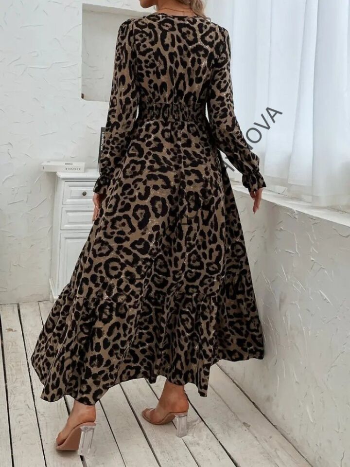 Kadın Uzun Kollu Kruvaze Yaka Leopar Desenli Uzun Süprem Elbise