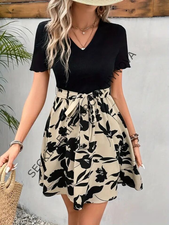 Kadın Kısa Kollu V Yakalı Belden Kuşaklı çiçek Desenli üst Viskon Alt Süprem Elbise