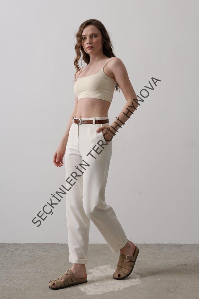 Kemerli Havuç Pantolon - Ekru