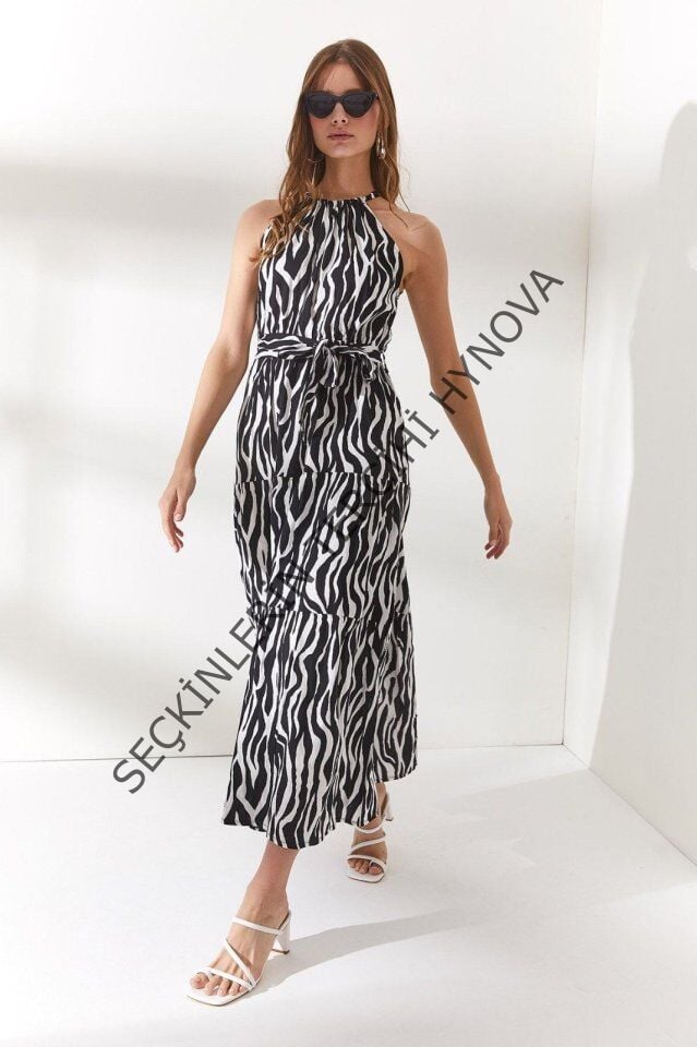 Halter Yaka Kuşaklı Dokuma Viscon Elbise