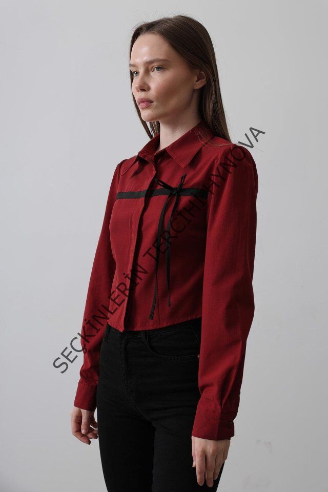 Önü Kontrast Fiyonklu Gömlek - Bordo