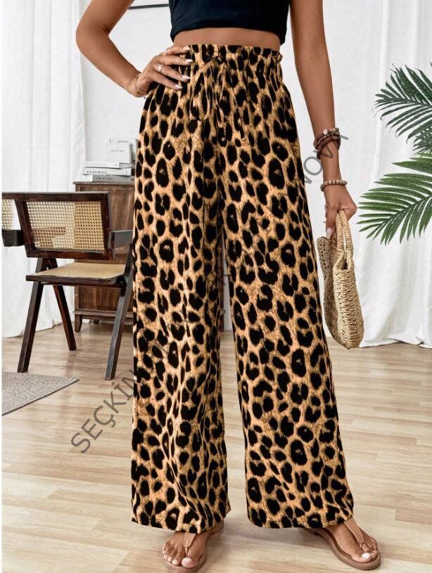 Kadın Süprem Kumaş Beli Lastikli Leopar Desen Pantolon