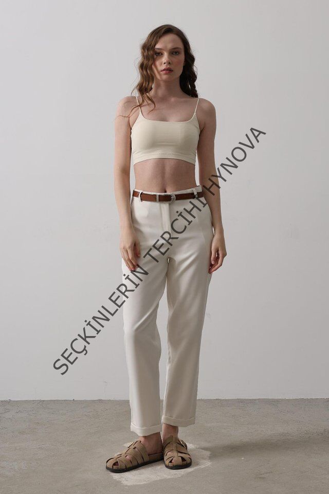 Kemerli Havuç Pantolon - Ekru