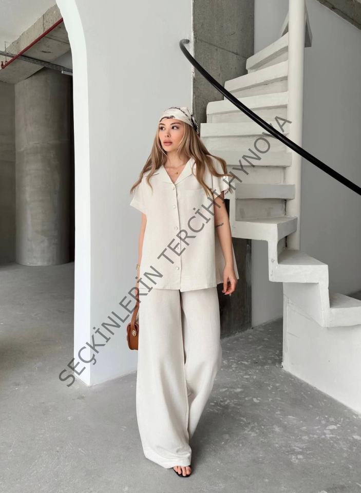 Keten Kısa Kollu Cepli Gömlek Pantolon Ikili Takım - Beyaz
