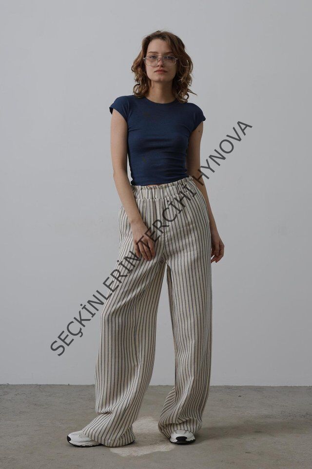 Çizgili Pamuklu Lastikli Pantolon - Bej-Lacivert