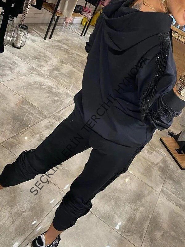 Kadın Uzun Kollu Kapşonlu Pulpayet Detay Viskon Iki Iplik Bluz Ve Pantolon Ikili Takım