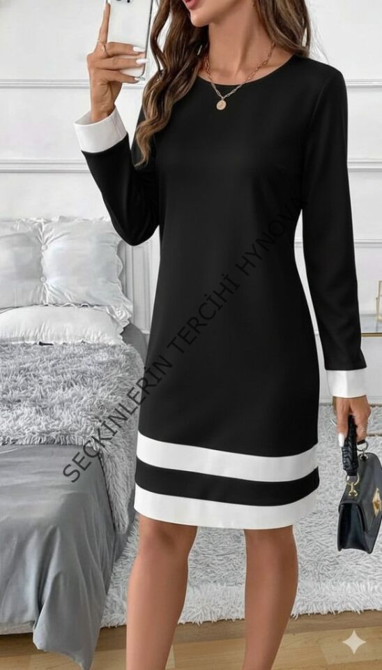 Kadın Uzun Kollu Yuvarlak Yaka Etek Ucu şerit Detaylı Mini Siyah Beyaz Dalgıç Elbise
