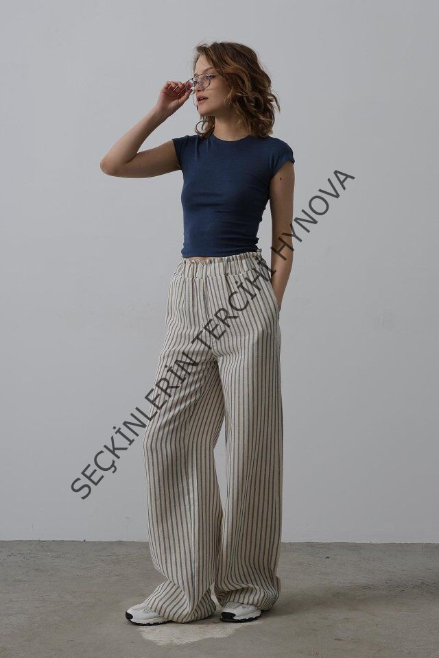 Çizgili Pamuklu Lastikli Pantolon - Bej-Lacivert
