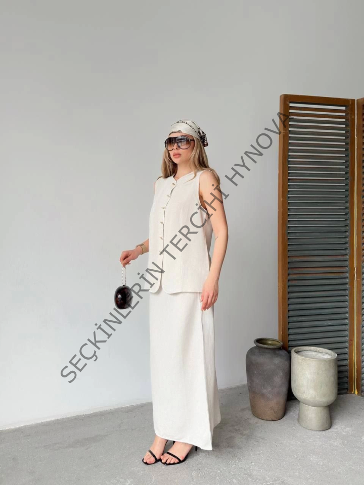 Keten Kolsuz Hırka Etek Ikili Takım- Beyaz