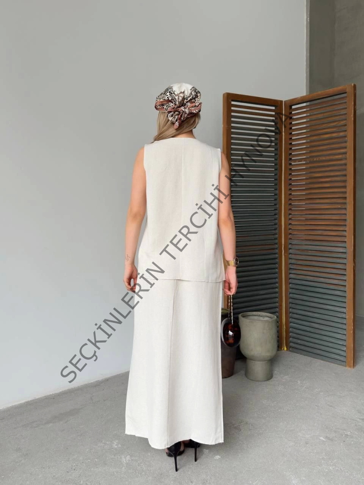 Keten Kolsuz Hırka Etek Ikili Takım- Beyaz