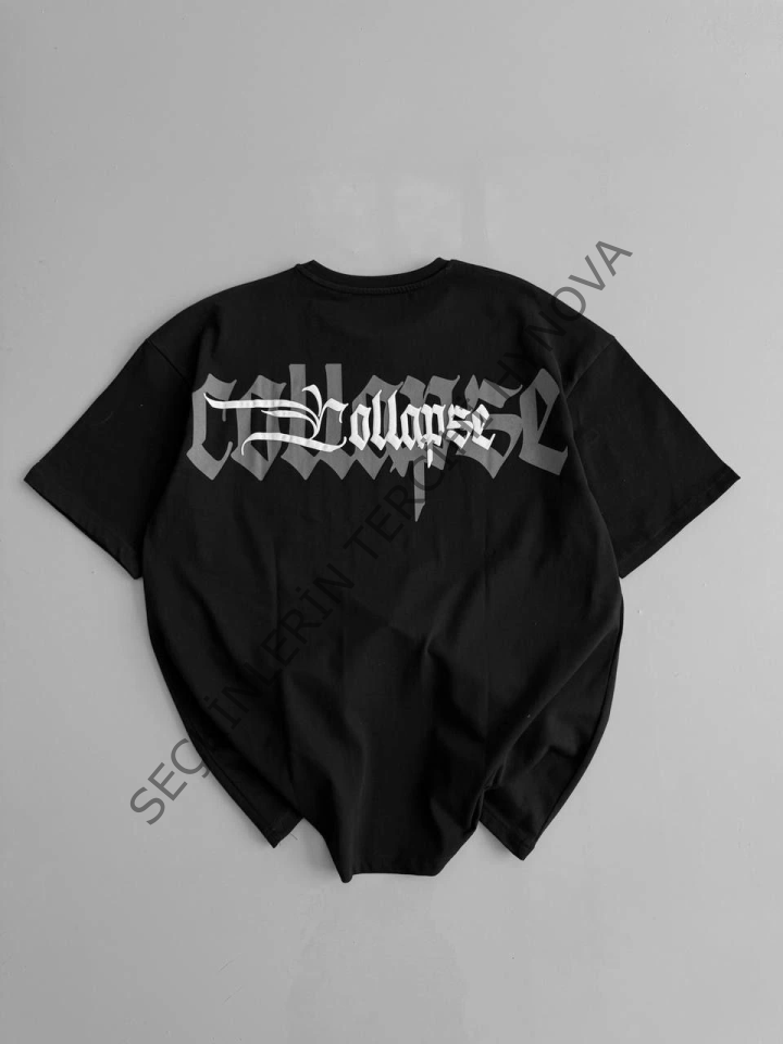 Baskılı Oversize Bisiklet Yaka T-shirt - Siyah