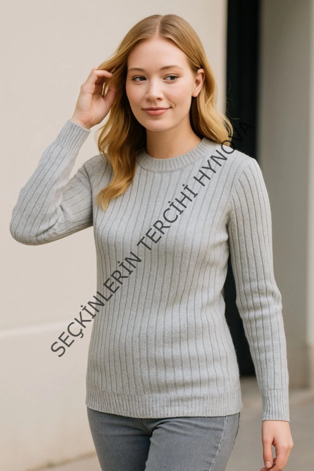 Bisiklet Yuvarlak Yaka Triko Kazak Pamuklu Kalın Fitilli Dokuma, Regular Fit Uzun Kollu Kışlık Model - Gri