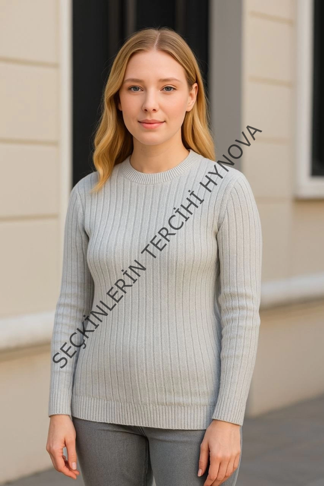 Bisiklet Yuvarlak Yaka Triko Kazak Pamuklu Kalın Fitilli Dokuma, Regular Fit Uzun Kollu Kışlık Model - Gri