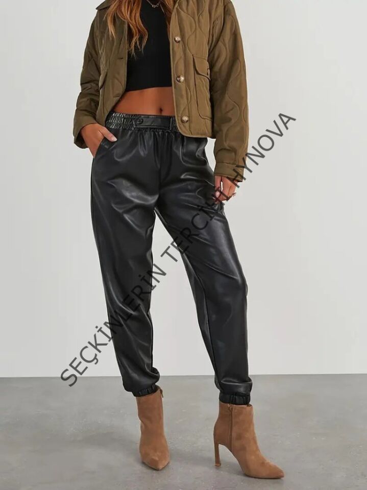 Kadın Yüksek Bel Lastikli önü Düğmeli Deri Pantolon