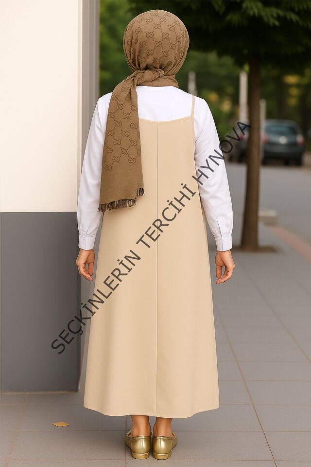 Kadın Taş Rengi Basic Ayarlanabilir Askılı Jile Elbise