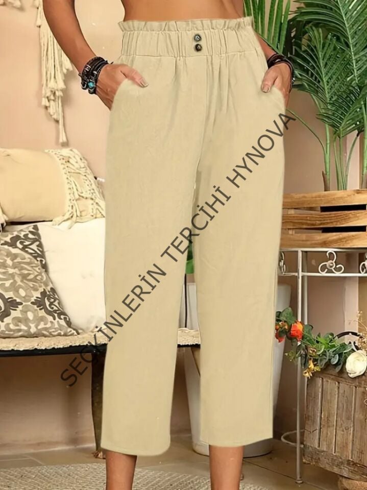 Kadın Bel Büzgü Ve Düğme Detay Kapri Keten Pantolon