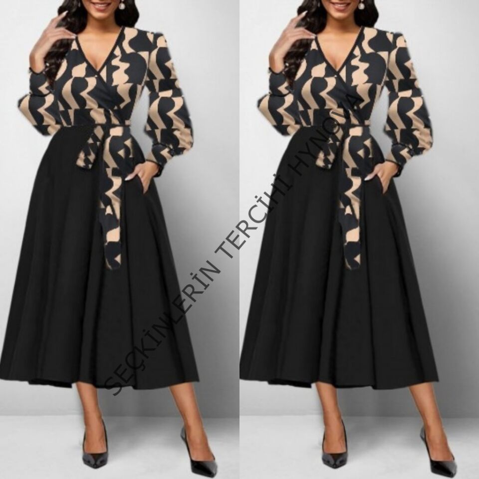 Kadın Uzun Kollu Kruvaze Yaka Dalgıç Krep Midi Boy Elbise