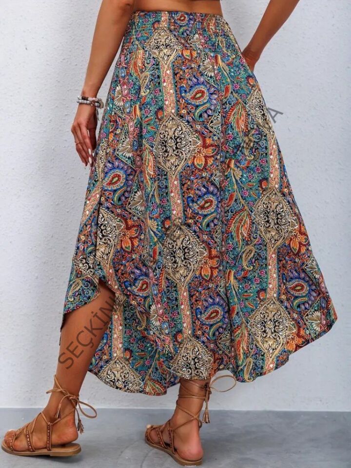 Kadın Beli Lastikli Bağcıklı Asimetrik Kesim Detaylı Desenli Bürümcük Etek