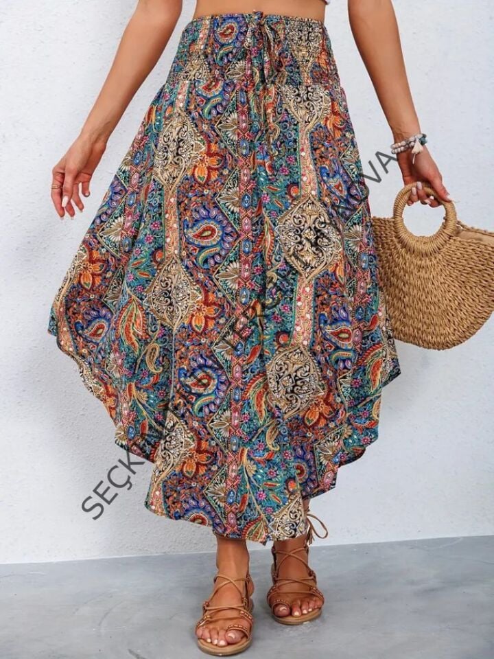 Kadın Beli Lastikli Bağcıklı Asimetrik Kesim Detaylı Desenli Bürümcük Etek