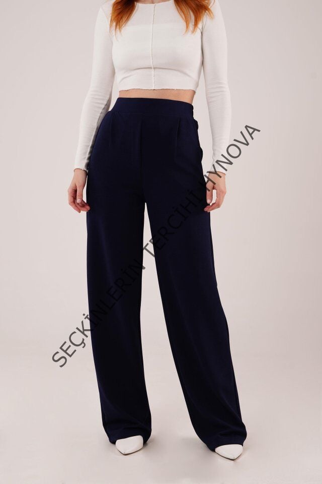 Yüksek Bel Bol Paça Krep Lacivert Pantolon