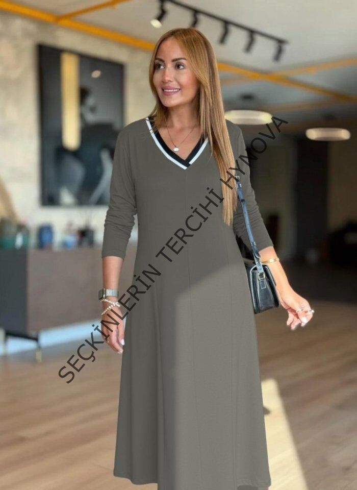 Kadın Uzun Kollu V Yakalı Midi çağla Yeşili Modal Elbise