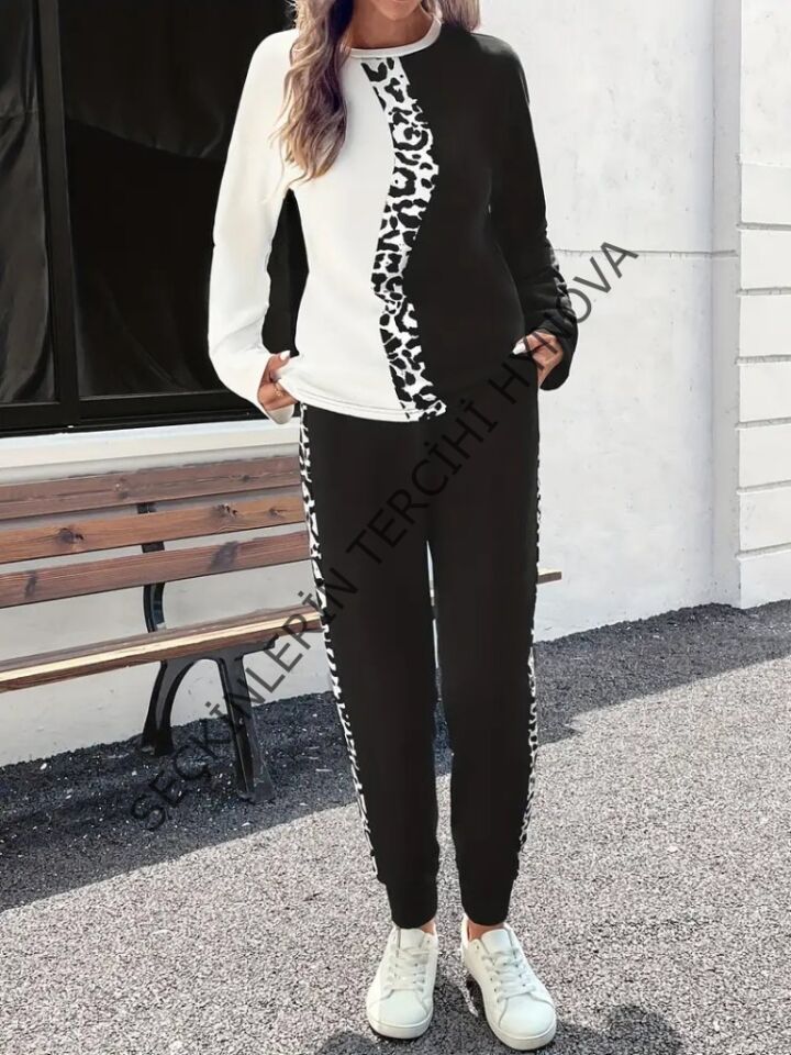 Kadın Uzun Kollu Bisiklet Yaka çift Renkli Viskon Iki Iplik Bluz Ve Pantolon Ikili Takım