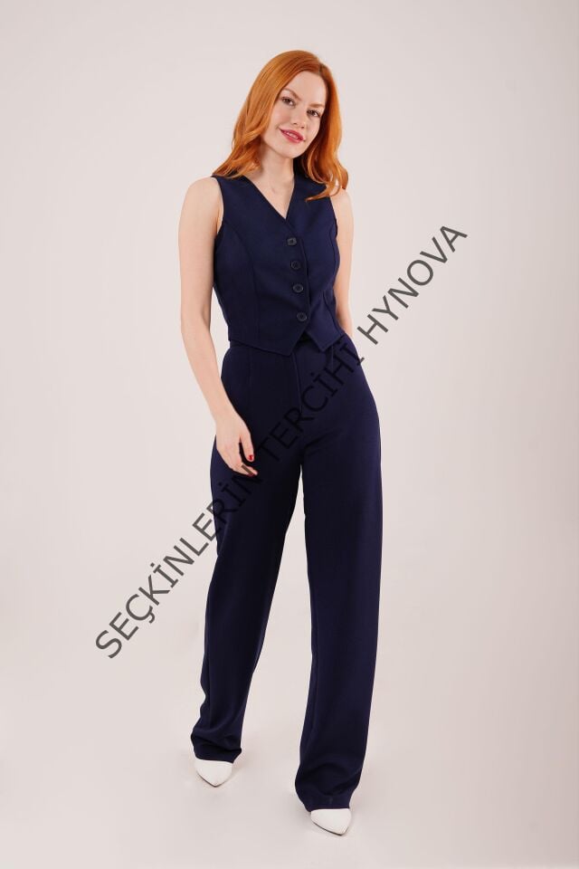 Cırt Kapama Detaylı Lacivert Pantolon