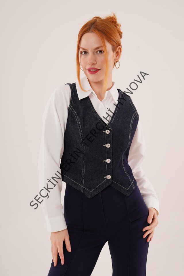 Düğme Ve Ön Dikiş Detaylı Lacivert Jean Yelek