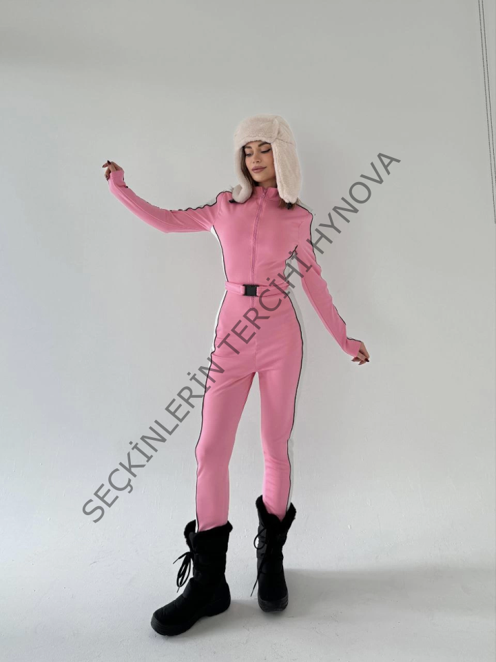 Kemer Detaylı Fermuarlı Tulum - Pembe