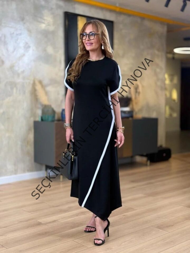 Kadın Kısa Kollu Bisiklet Yaka çift şerit Renk Detaylı Asimetrik Kesim Viskon Iki Iplik Elbise