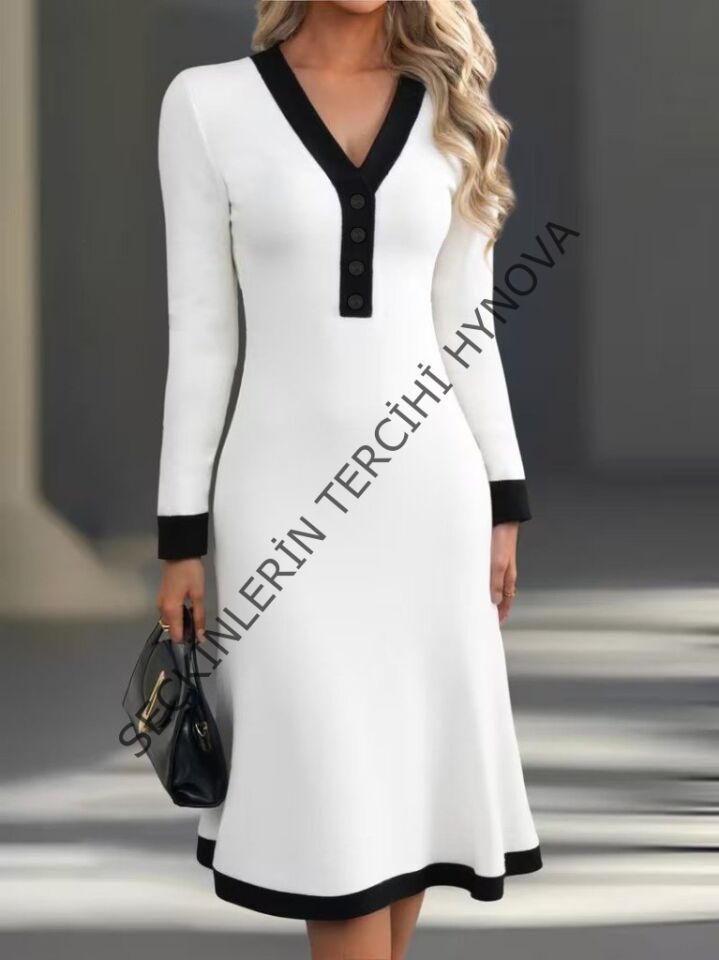 Kadın Uzun Kollu V Yakalı Düğmeli Midi Modal Elbise