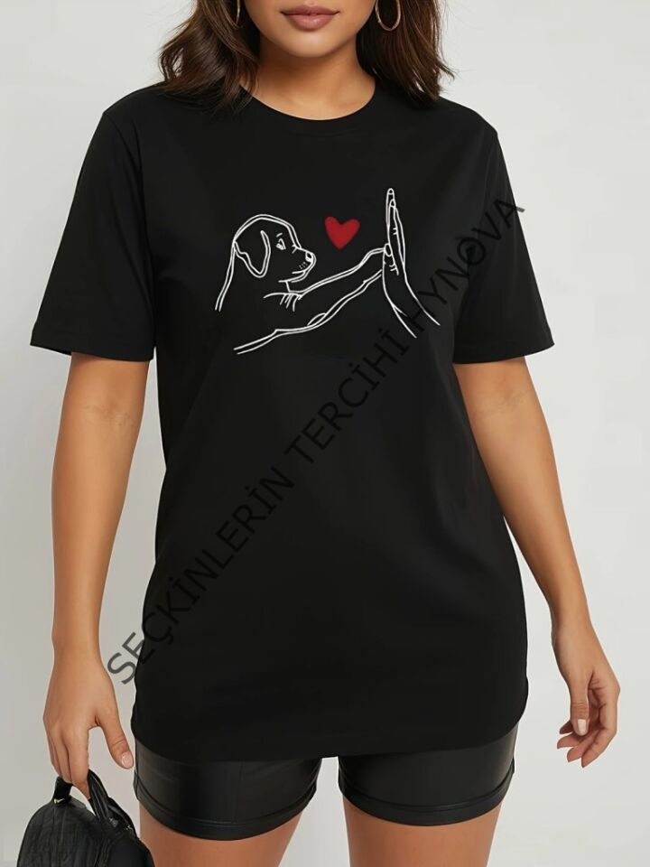 Kadın Kısa Kollu Bisiklet Yaka Köpek Baskılı Viskon Bluz