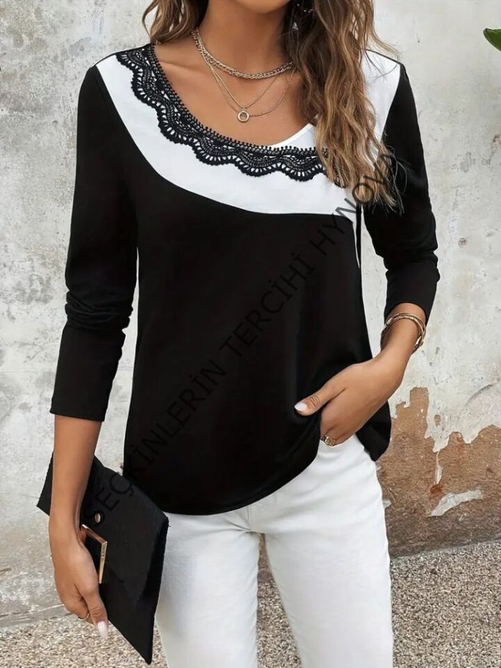 Kadın Uzun Kollu Yuvarlak Yakalı çift Renkli Dantel Detaylı Viskon Bluz