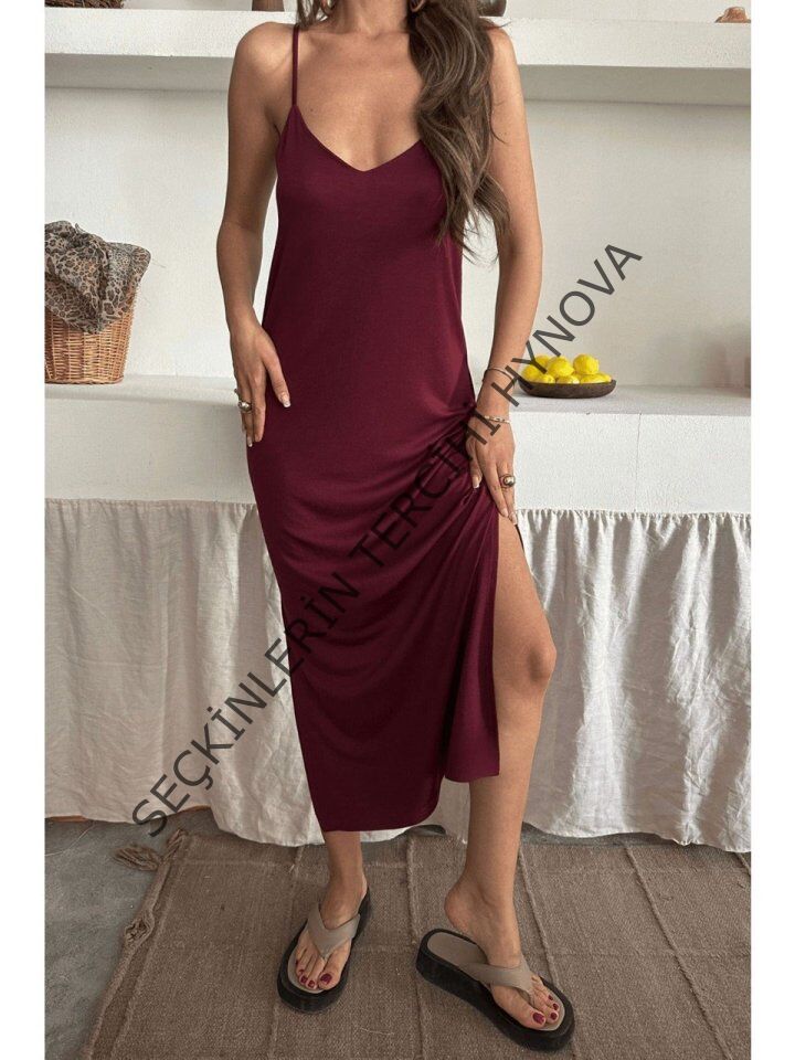 Kadın Siyah Asansör Askılı Çift Yırtmaçlı Helen Elbise