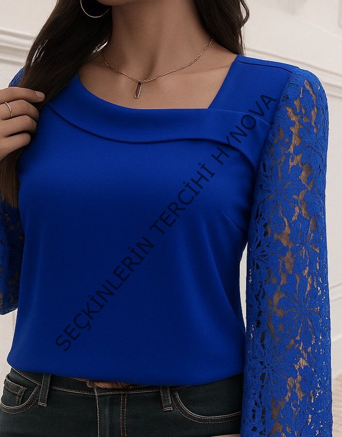 Kadın Uzun Kollu Asimetrik Yakalı Dantelli Ithal Krep Bluz