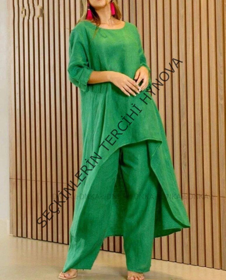 Kadın Uzun Kollu Kayık Yaka Detay Tunik Ve Pantolon Ikili Takım