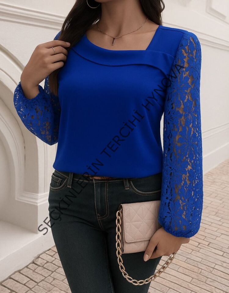 Kadın Uzun Kollu Asimetrik Yakalı Dantelli Ithal Krep Bluz
