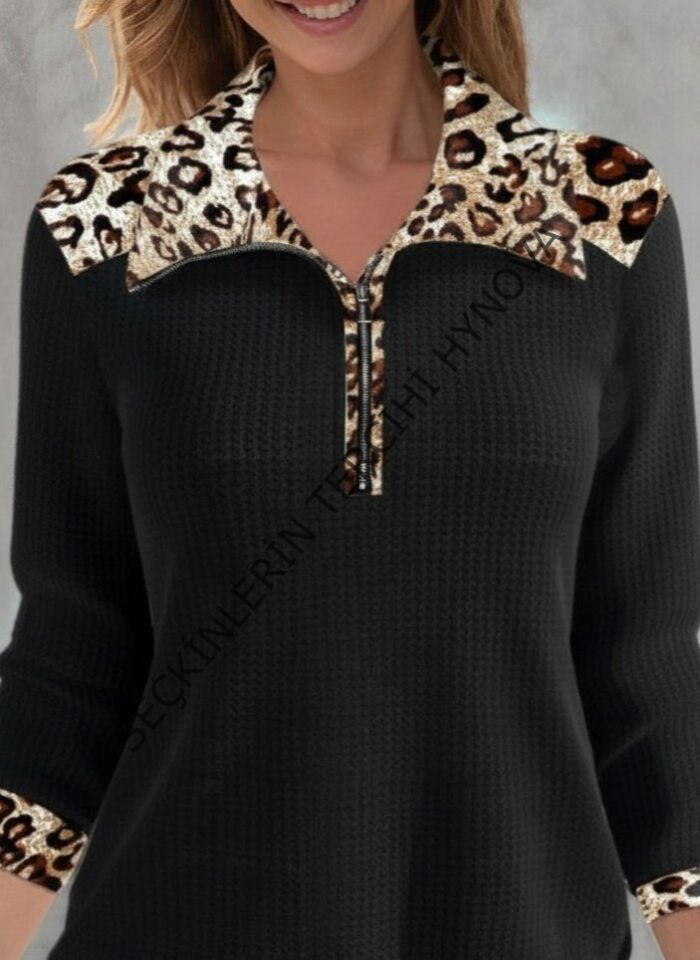 Kadın Uzun Kollu Leopar Yakalı Fermuarlı Waffle Bluz