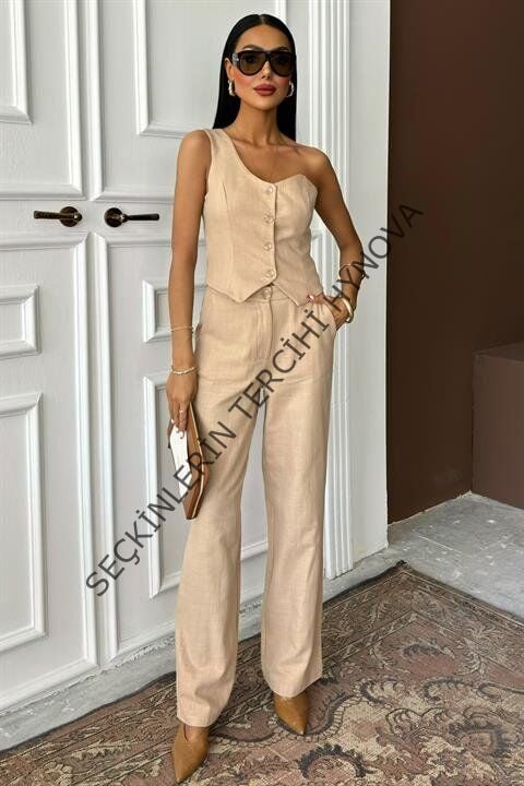 Tek Omuz Büstiyer Plazzo Pantolon Viscon Takım 10159