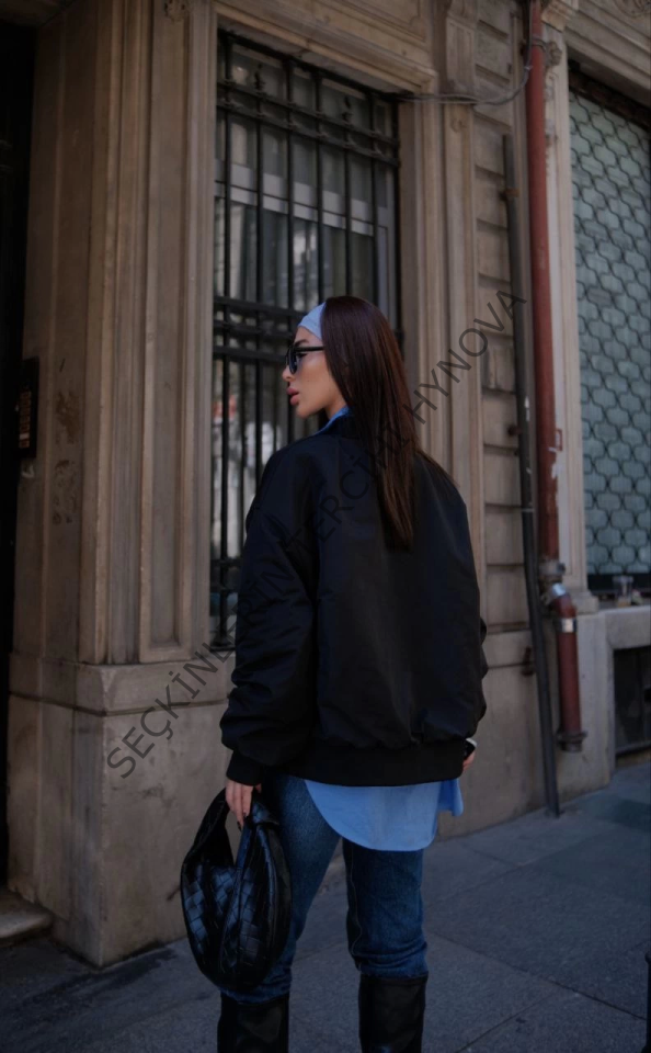 Cepli Bomber Ceket Mont - Siyah