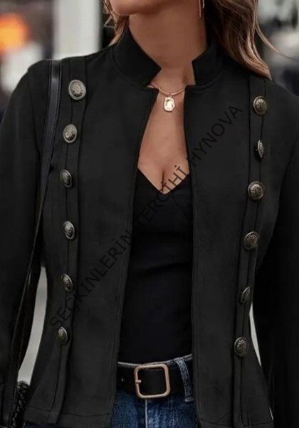 Kadın Uzun Kollu Hakim Yaka Yanlardan Düğmeli Kısa Süet Ceket