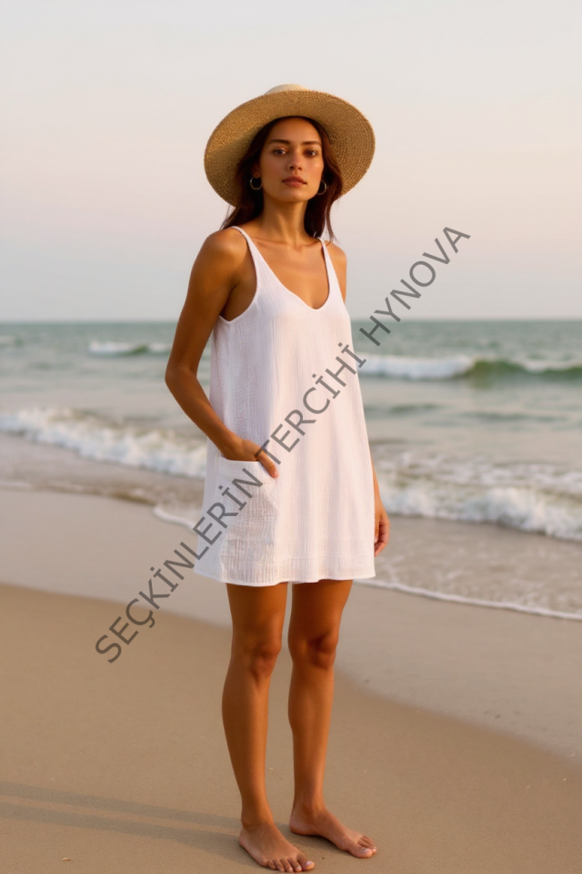 Kadın Beyaz Mini Cepli Tulum Plaj Elbisesi – Şık, Rahat ve 4 Mevsim Kullanıma Uygun