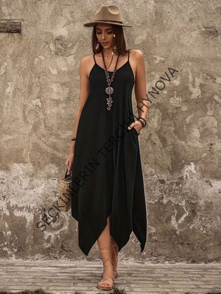 Kadın Askılı V Yakalı Cep Detaylı Asimetrik Kesim Detaylı Viskon Elbise