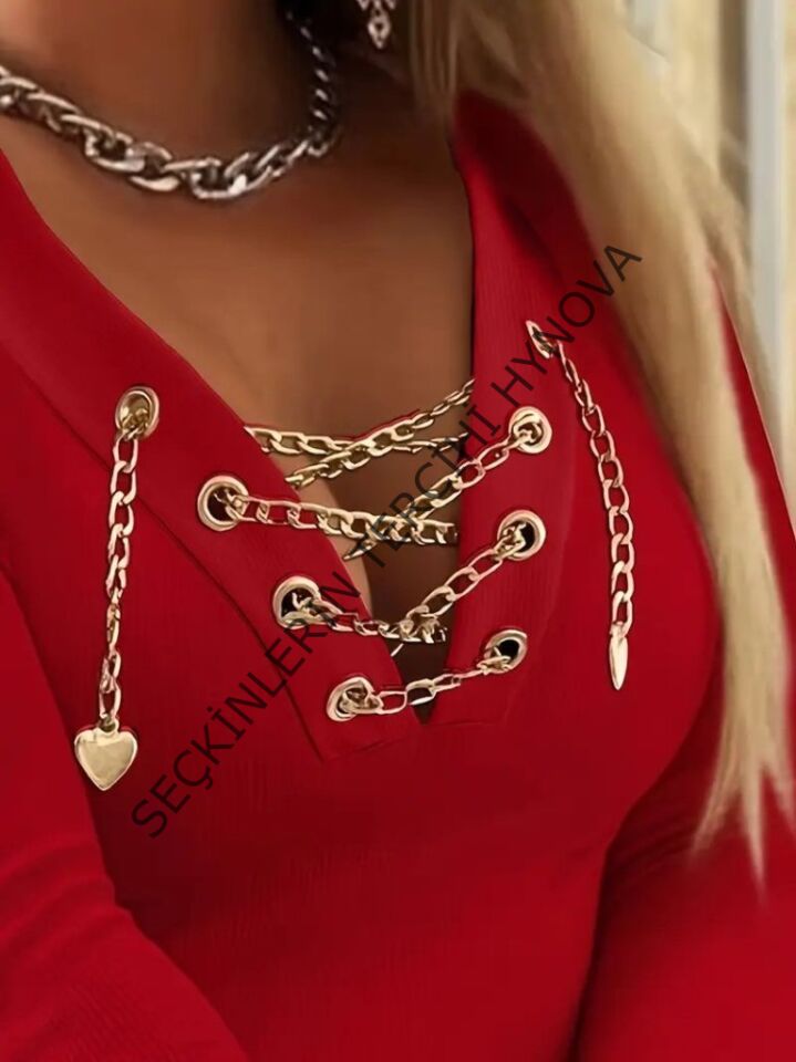 Kadın Uzun Kollu V çapraz Zincir Detaylı Kaşkorse Bluz